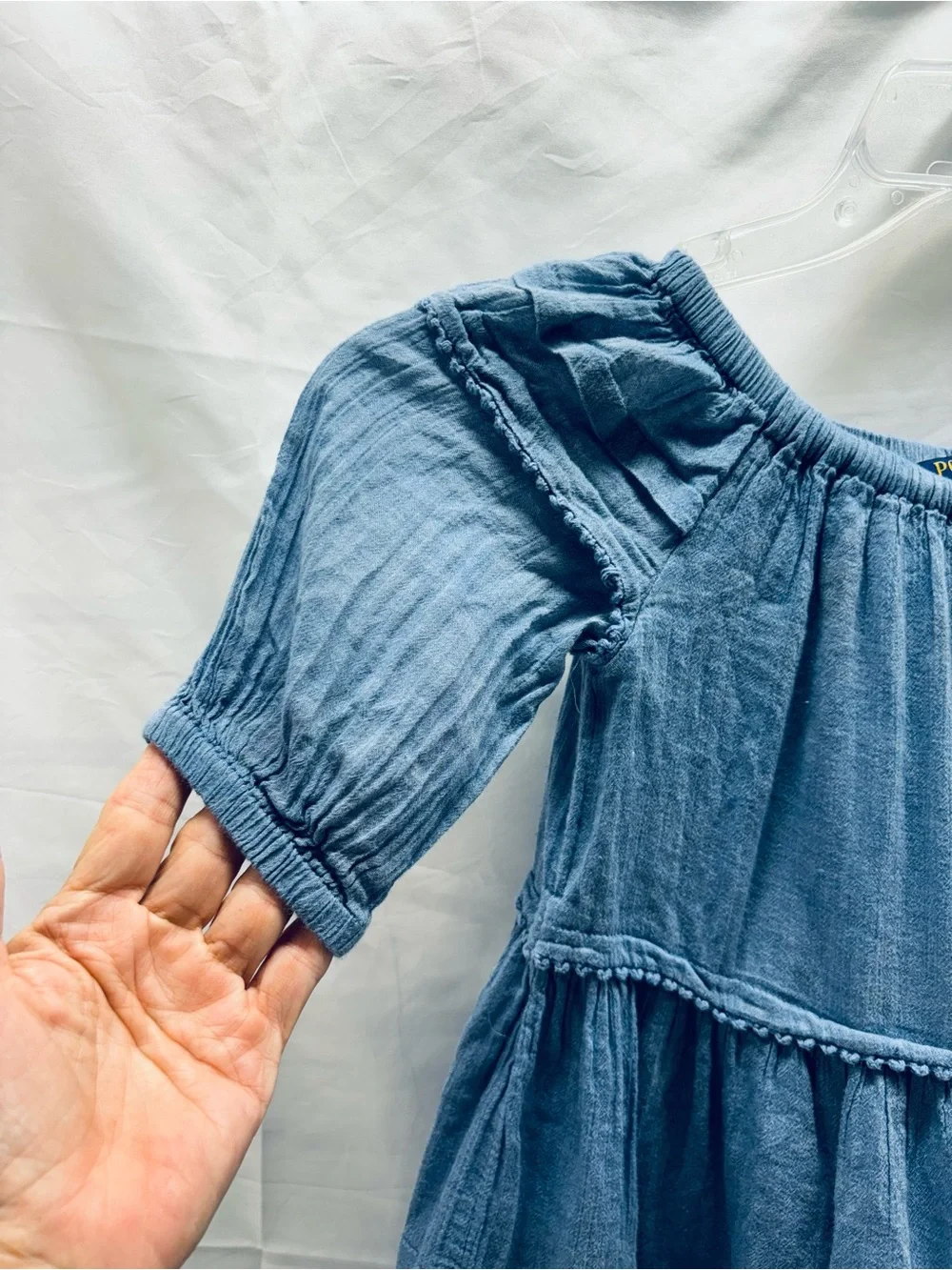 Polo Ralph Lauren Dress Girls Size 5 Chambray Blue Off Shoulder Tiered Peasant